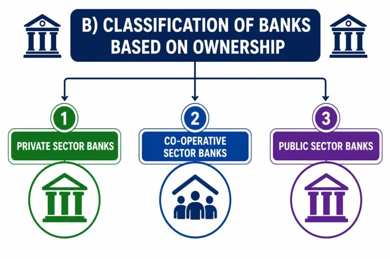 Classification of Banks Based on Ownership infographic showing three types of banks