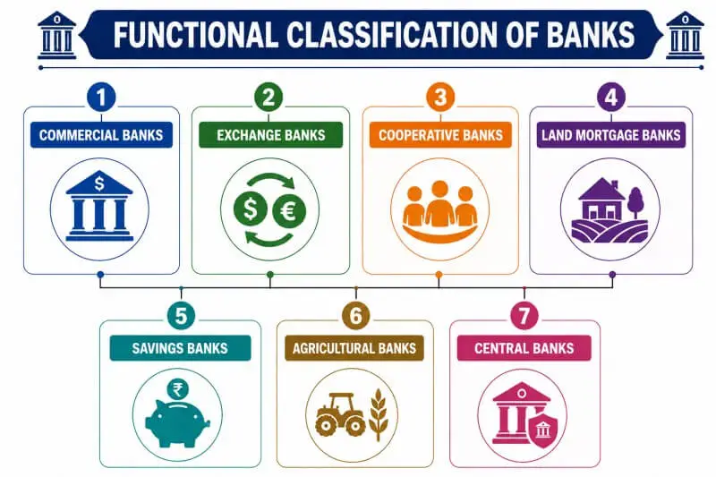 Functional Classification of Banks infographic showing 7 types of banks