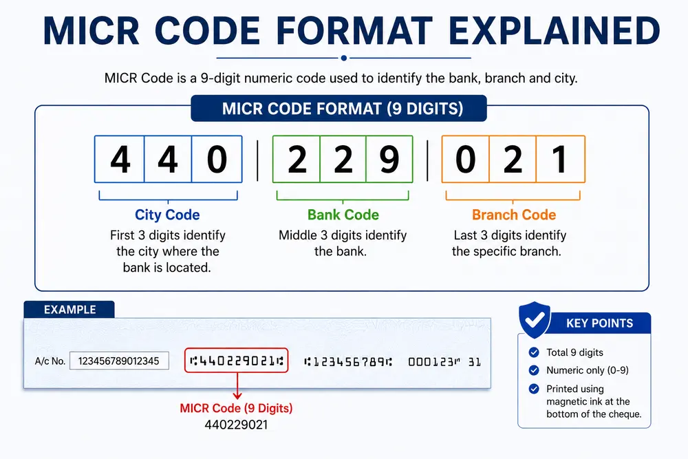 MICR code format with city bank and branch code