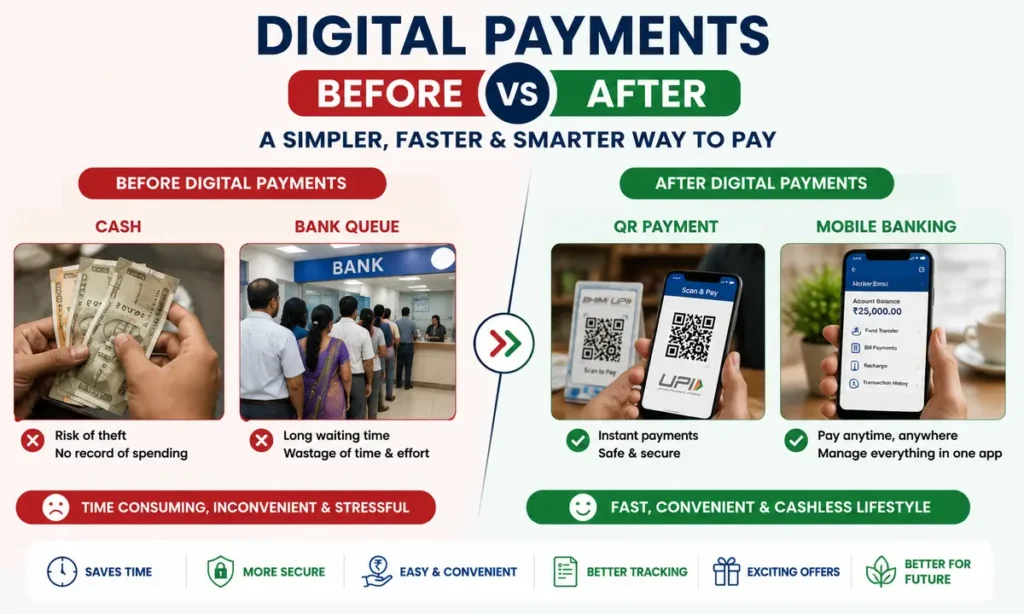 How Do Digital Payments Make Life Easier? 12 Powerful Benefits Digital payments before and after comparison