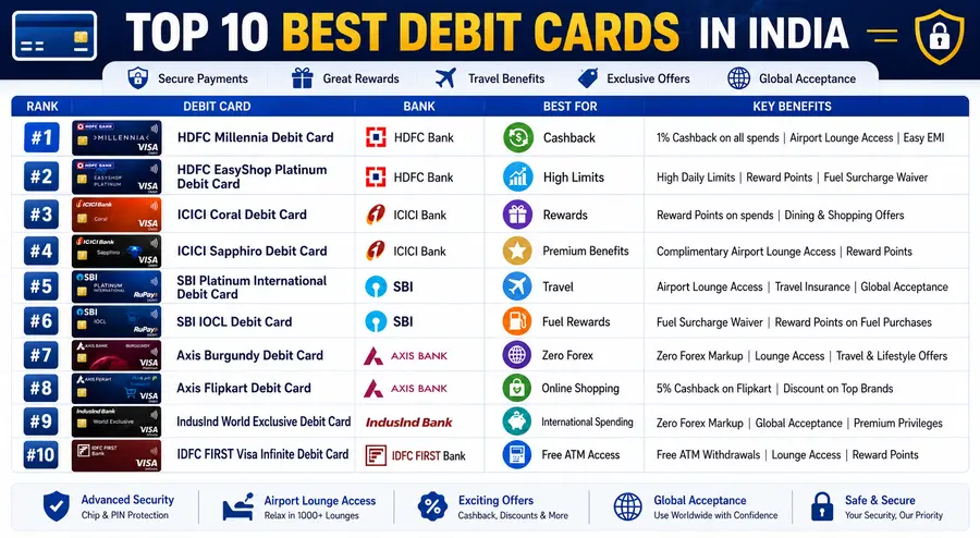 Top 10 Best Debit Cards in India comparison infographic