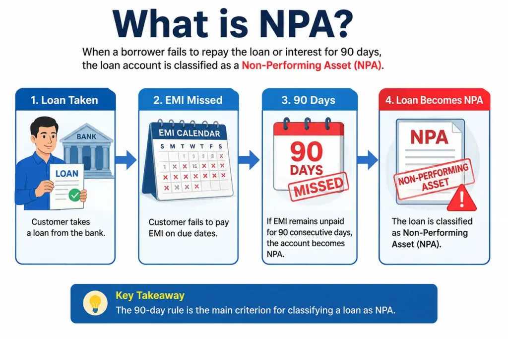 NPA meaning in banking with 90 days EMI rule